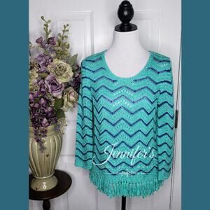 3/$25 Ruby Rd. Women's Turquoise and Royal Blue Chevron Fringe Sweater Medium